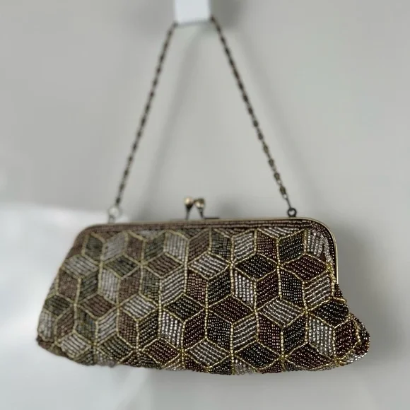 NWT MONI Couture Beaded Olive Green Amber Brown Formal Clutch With Bronze Accent - Picture 7 of 15